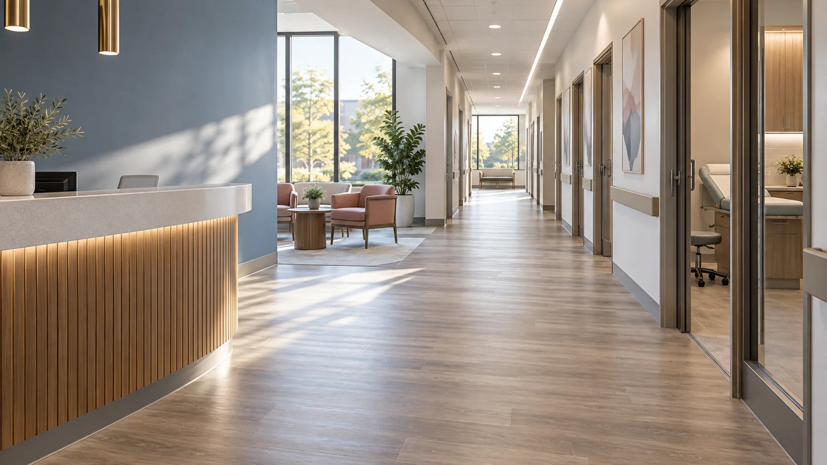 Contemporary outpatient medical office corridor with durable commercial LVT flooring